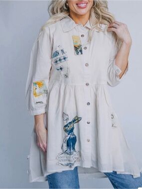 Boho Embroidered White Button-Front tunic